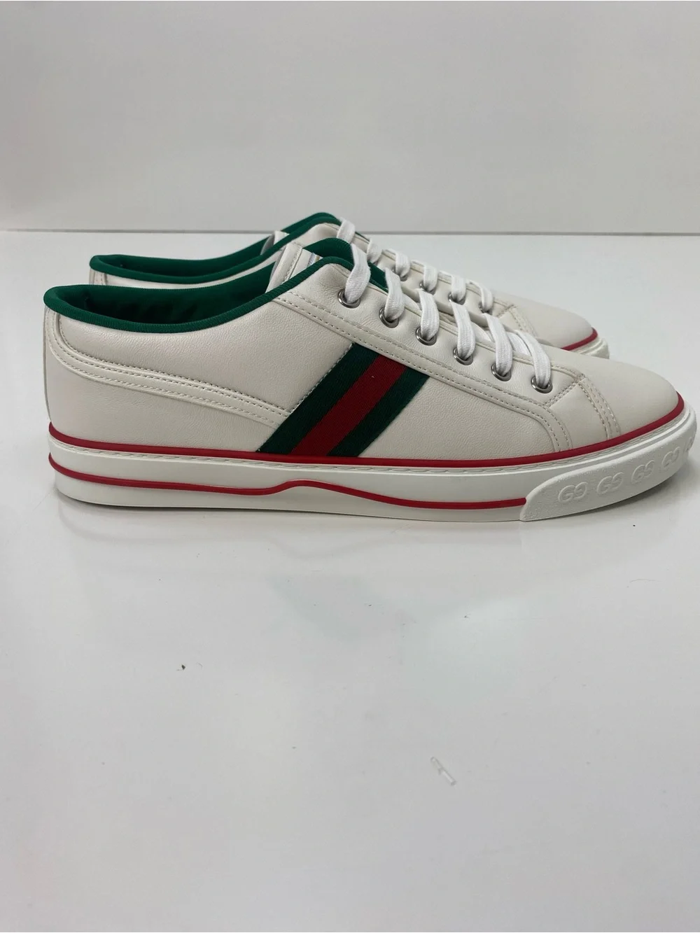 Gucci White Leather Sneakers with Red Trim & Green Lining